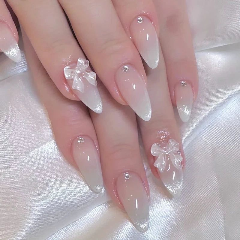 Nude French Stiletto with Crystal Bows Nude French Stiletto with Crystal Bows — Long Bow Nails 2027