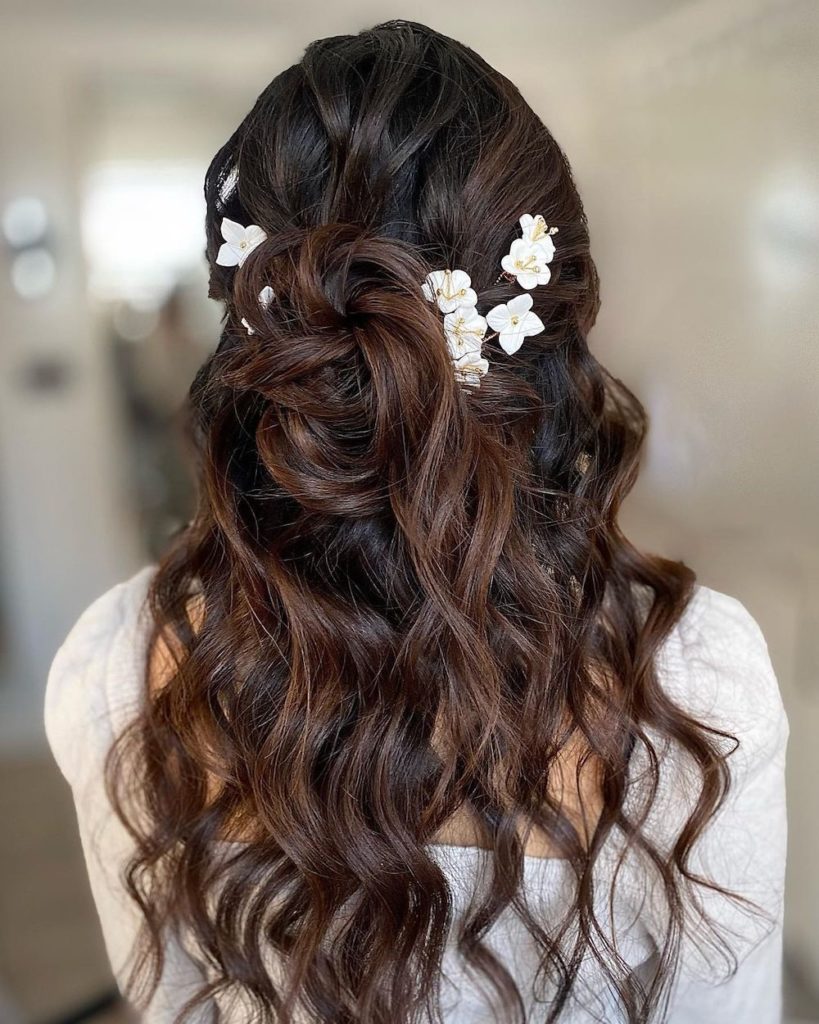 Dark Brown Floral Pins Waves Dark Brown Floral Pins Waves — Half Up Half Down Hairstyles 2027