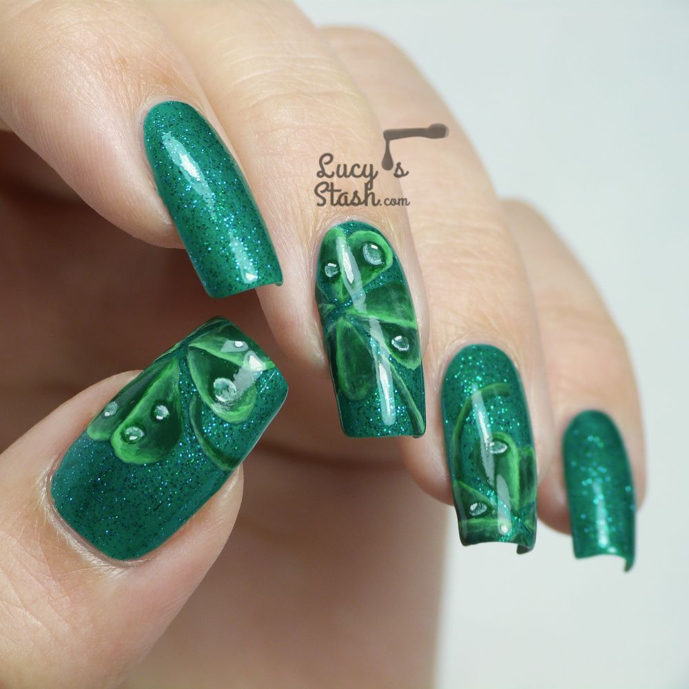 Emerald Glitter Stilettos with Rhinestone Clovers Emerald Glitter Stilettos with Rhinestone Clovers — Lucky Nails 2027