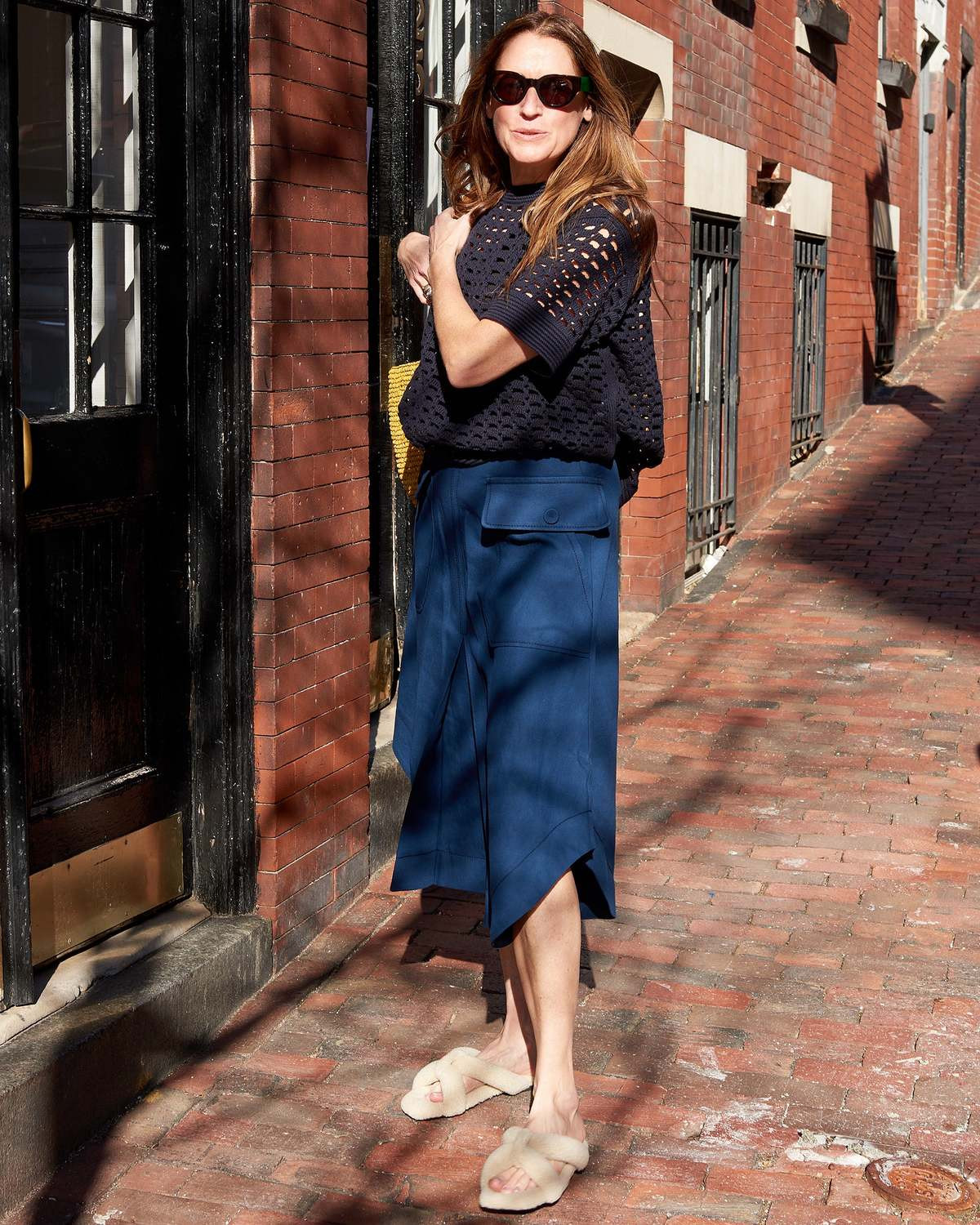 Asymmetric Midi Skirt with Laser-Cut Sweater and Fluffy Slides Asymmetric Midi Skirt with Laser-Cut Sweater and Fluffy Slides — Navy Blue Midi Skirt Outfits 2027