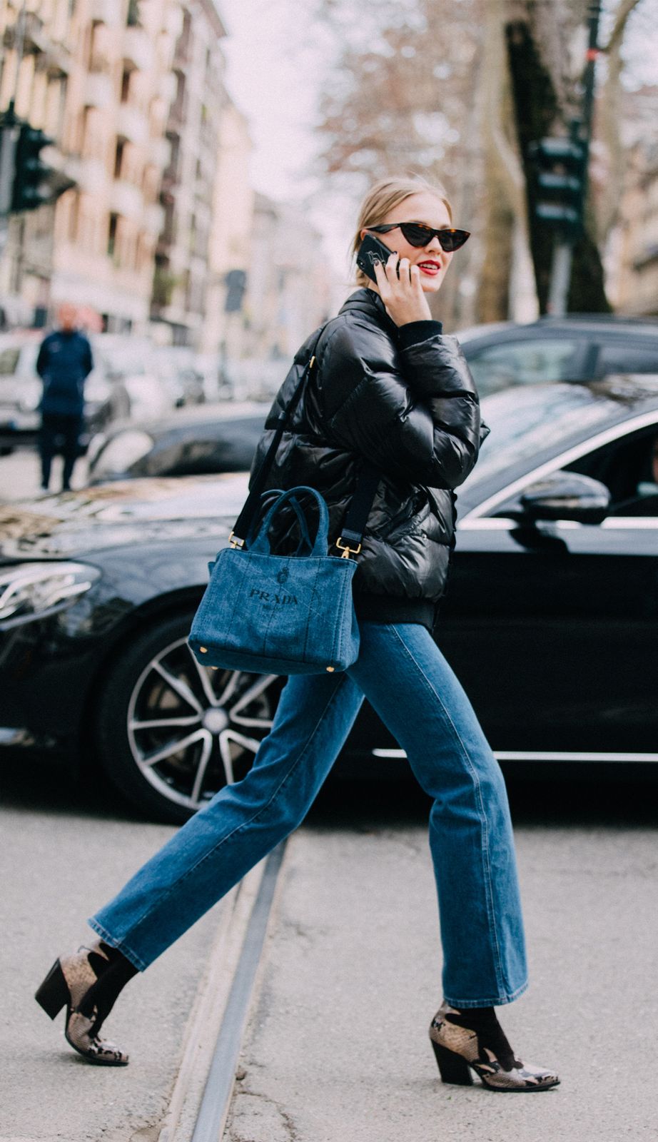 Black Puffer Jacket with Blue Jeans and Patterned Boots Black Puffer Jacket with Blue Jeans and Patterned Boots — Winter Blue Outfits 2027