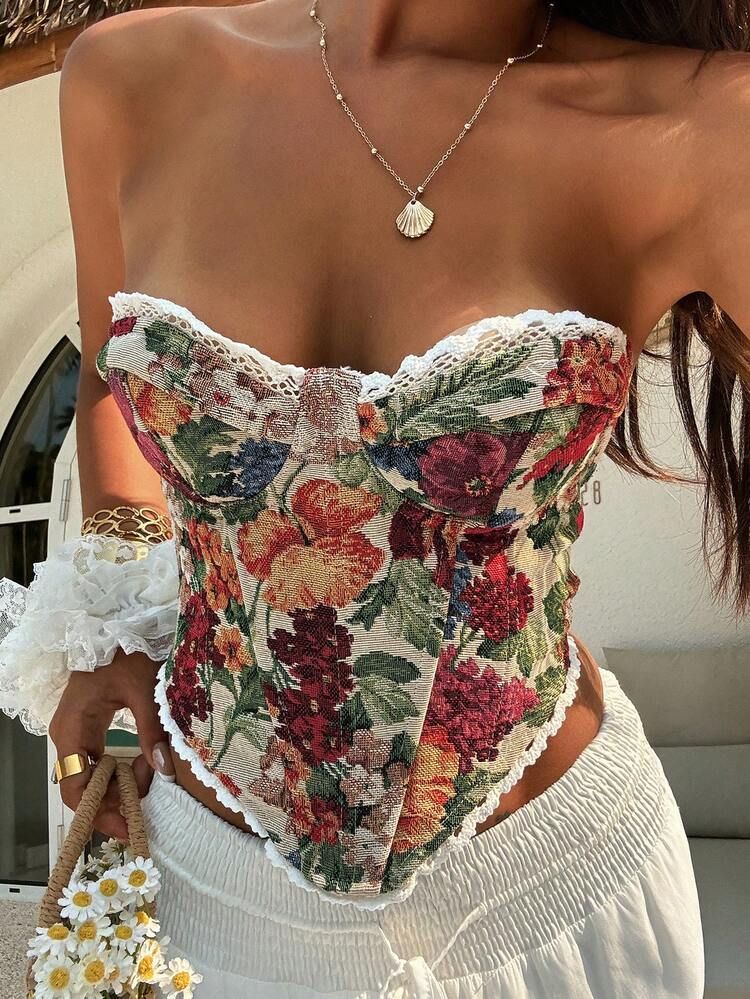 Floral Tapestry Lace Corset Top for Vacation Style Floral Tapestry Lace Corset Top for Vacation Style — Lace Corset Top Outfits 2027
