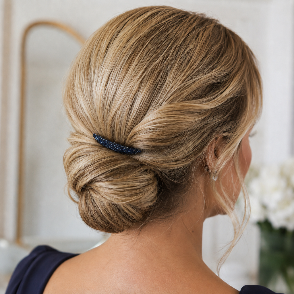 Blonde Low Bun With Blue Jewel Accent Blonde Low Bun With Blue Jewel Accent — Mother of the Bride Updos 2027