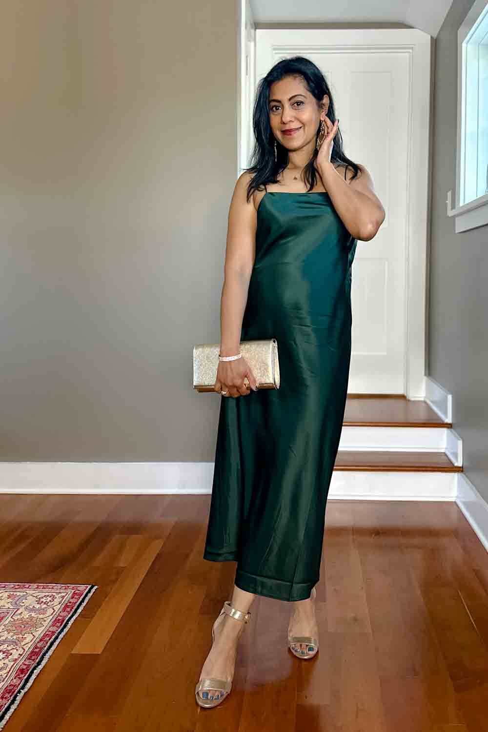 Dark Green Silk Midi Dress with Square Neckline and Gold Accessories — Silk Dresses 2027