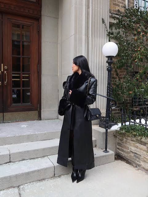 Fur-Trimmed Leather Coat Over a Black Dress for Luxe Winter Warmth — Dressy Winter Outfits 2027