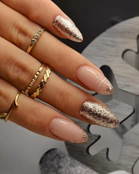 Gold Glitter French Tips and Snowflake Art Gold Glitter French Tips and Snowflake Art — New Years Eve Nails 2027