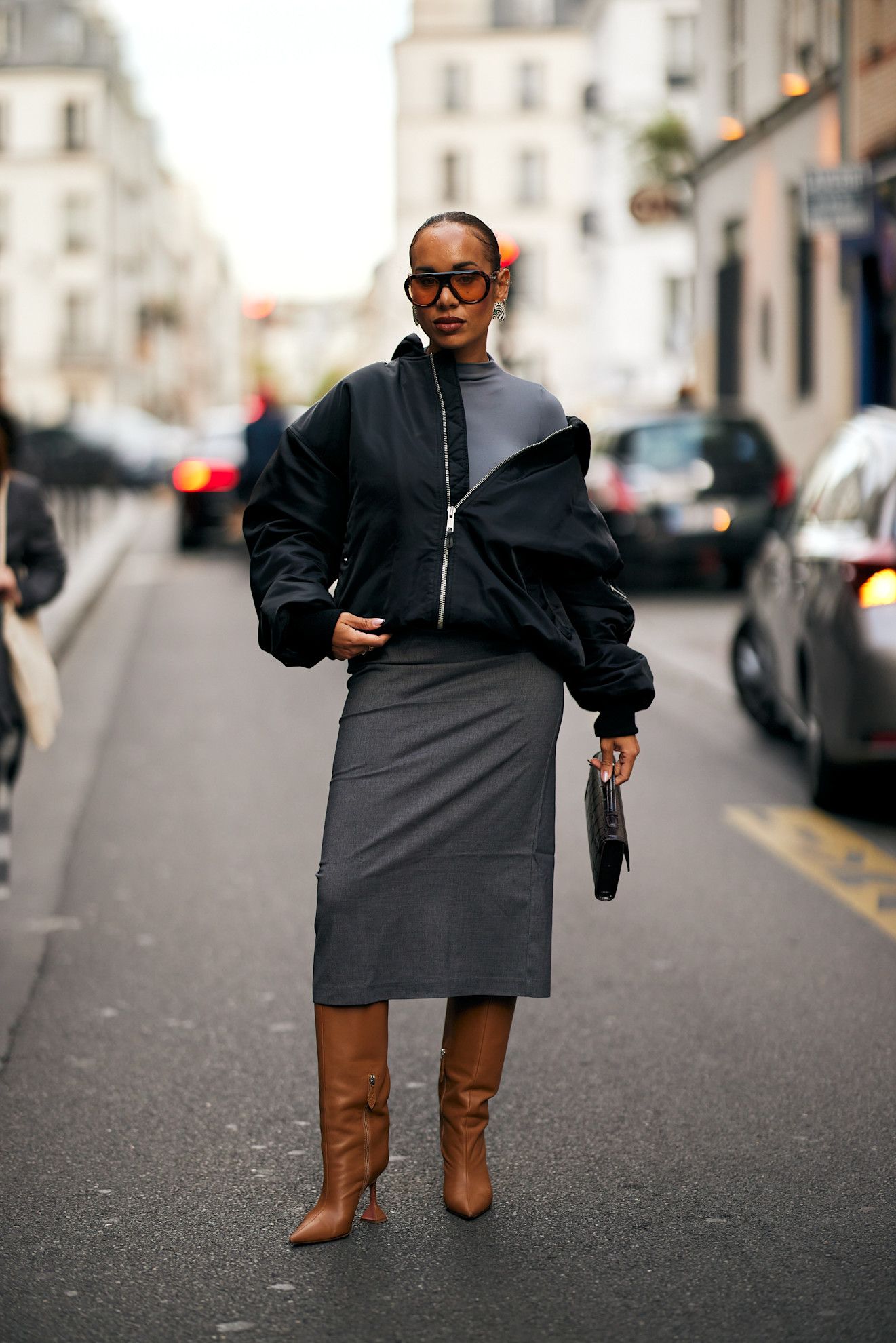 Grey Pencil Skirt with Bomber Jacket and Knee-High Boots Grey Pencil Skirt with Bomber Jacket and Knee-High Boots — Winter Office Outfits 2027