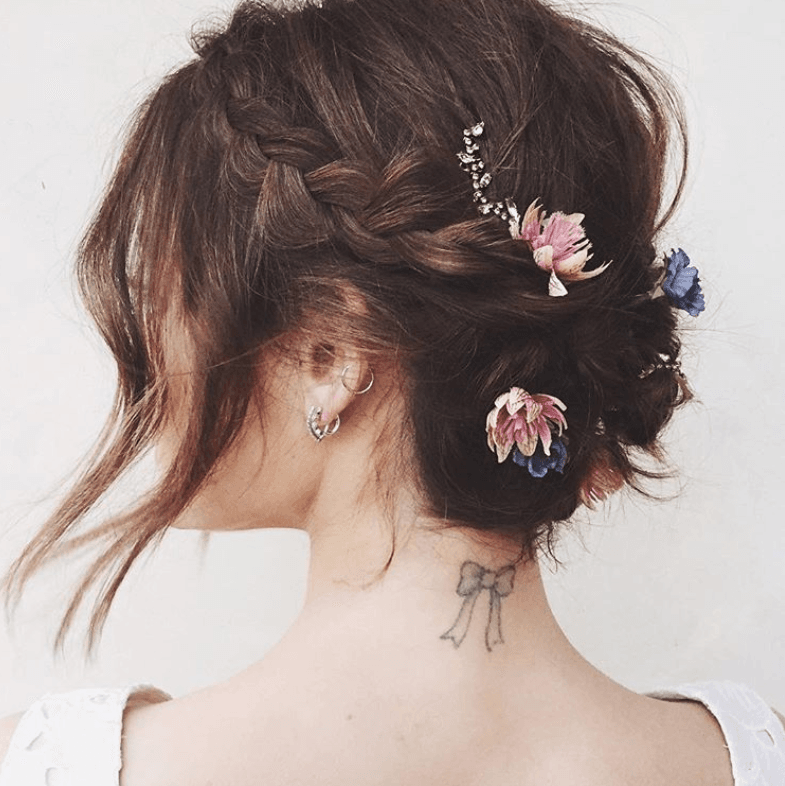 Dark Brown Braided Updo with Floral Accessories Dark Brown Braided Updo with Floral Accessories — Updos 2027 for Short Hair