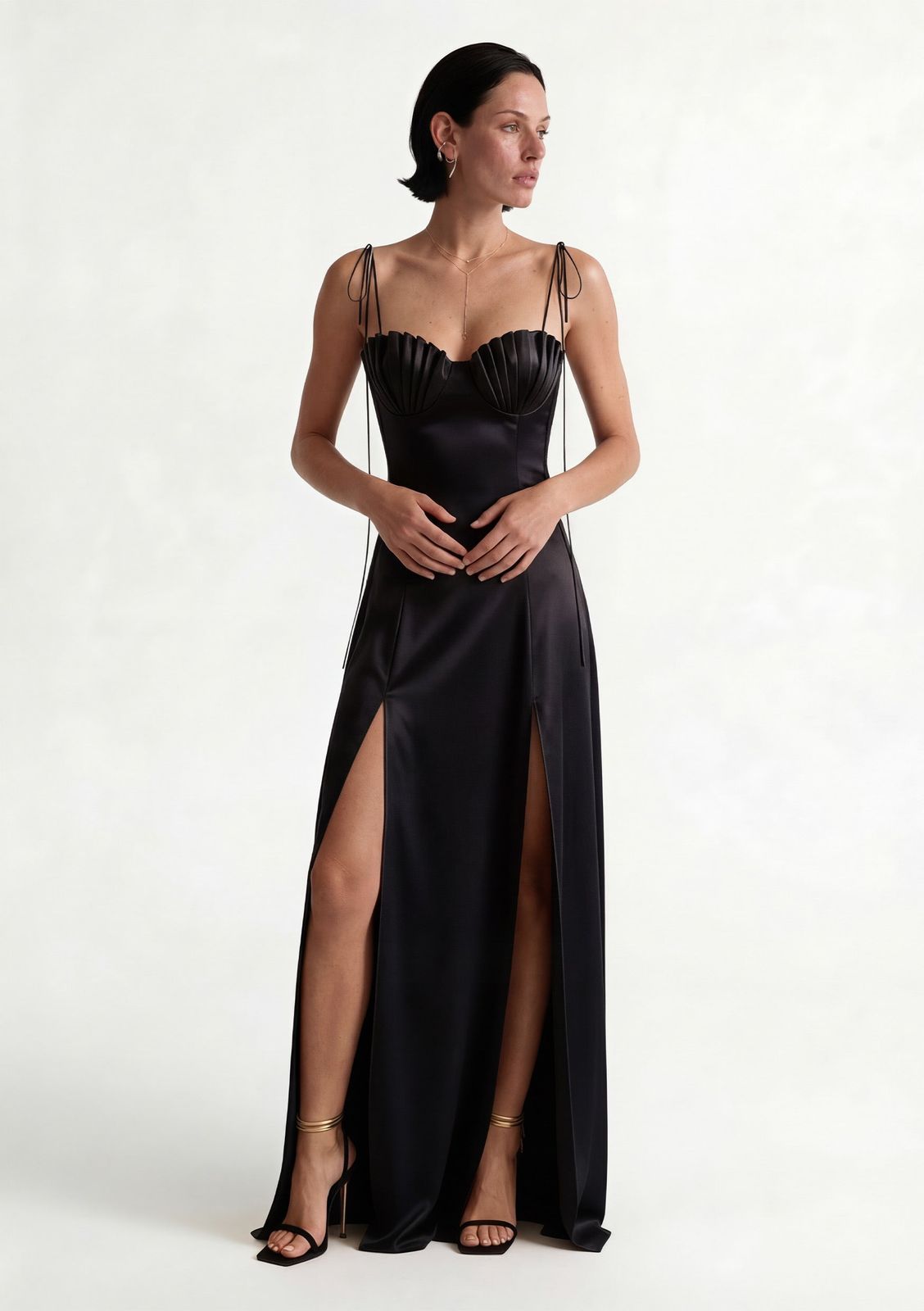 Black Satin Mermaid Dress with Corset Bodice and Double Slits Black Satin Mermaid Dress with Corset Bodice and Double Slits — Mermaid Gala Dress 2027