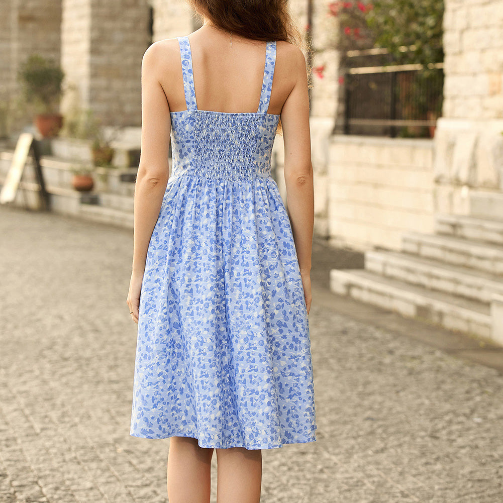 Light Blue White Floral Fit and Flare Milkmaid Midi Dress with Smocked Back Light Blue White Floral Fit and Flare Milkmaid Midi Dress with Smocked Back — Milkmaid Dresses 2027