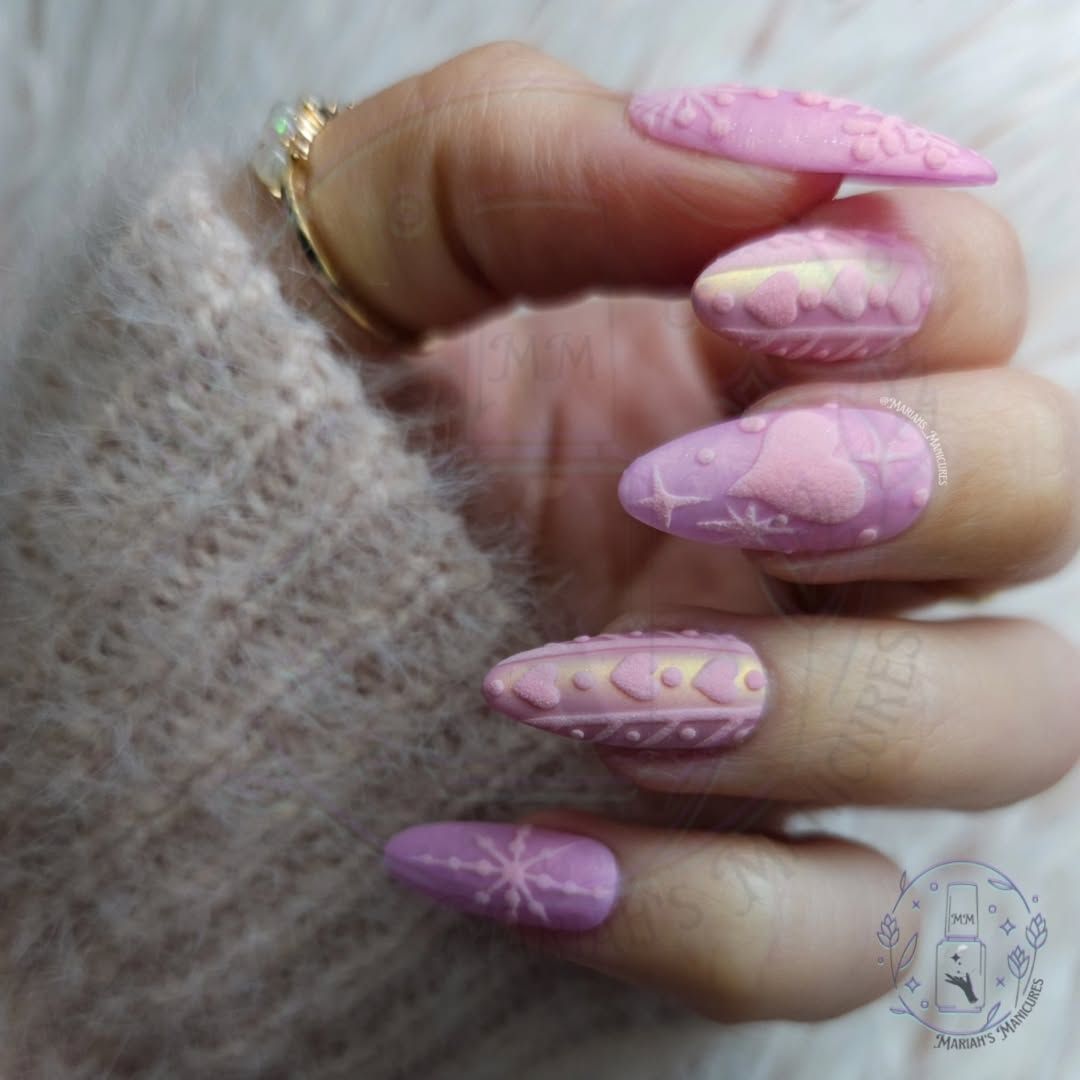 Pale Pink Embossed Sweater Stiletto Nails Pale Pink Embossed Sweater Stiletto Nails — Sweater Weather Nails 2027