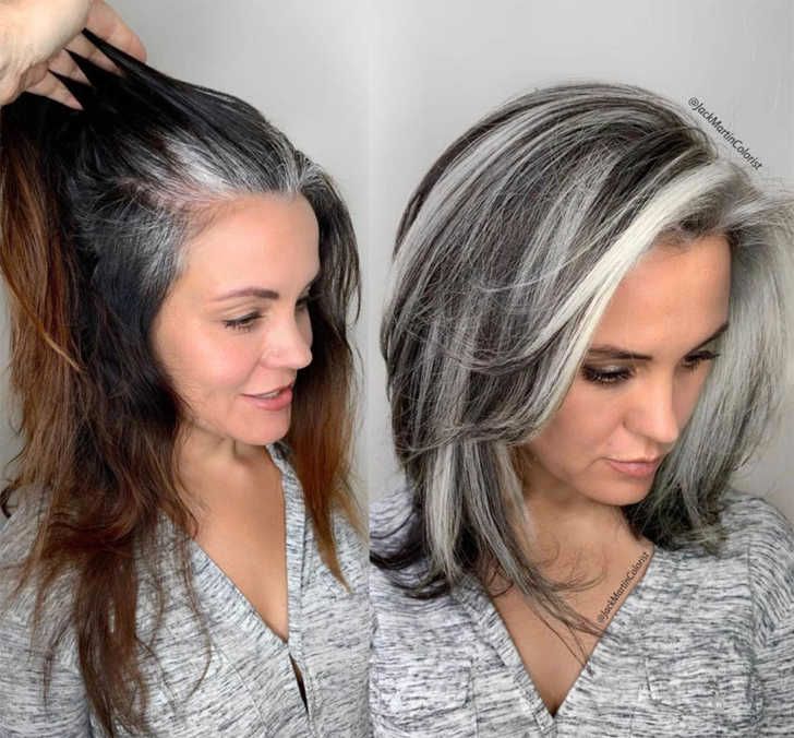 Shoulder Waves With Bold Gray Streaks — Transitioning to Gray Hair 2027