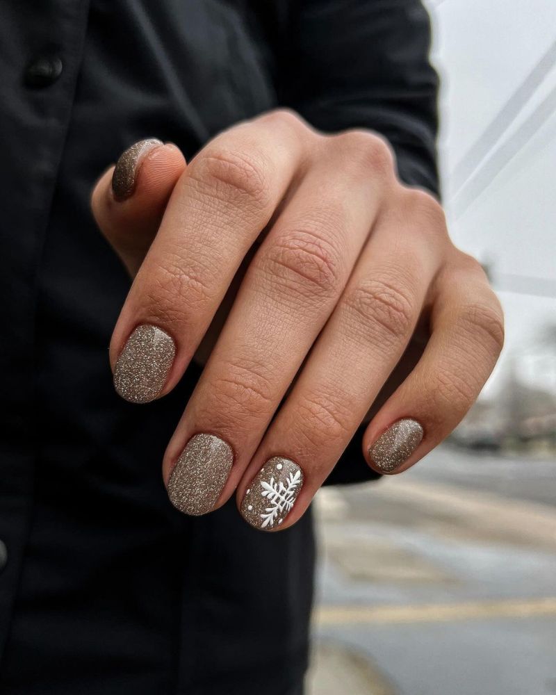 Taupe-Silver Glitter Snowflake Nails — Cozy Winter Nails 2027