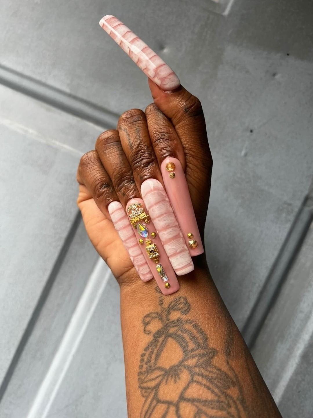 Pink White Marble Glitter Gem Extra Long Stilettos Pink White Marble Glitter Gem Extra Long Stilettos — Date Night Nails 2027