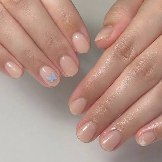 Sheer Nude with Tiny Light Blue Butterfly Sheer Nude with Tiny Light Blue Butterfly — Short Butterfly Round Nails 2027