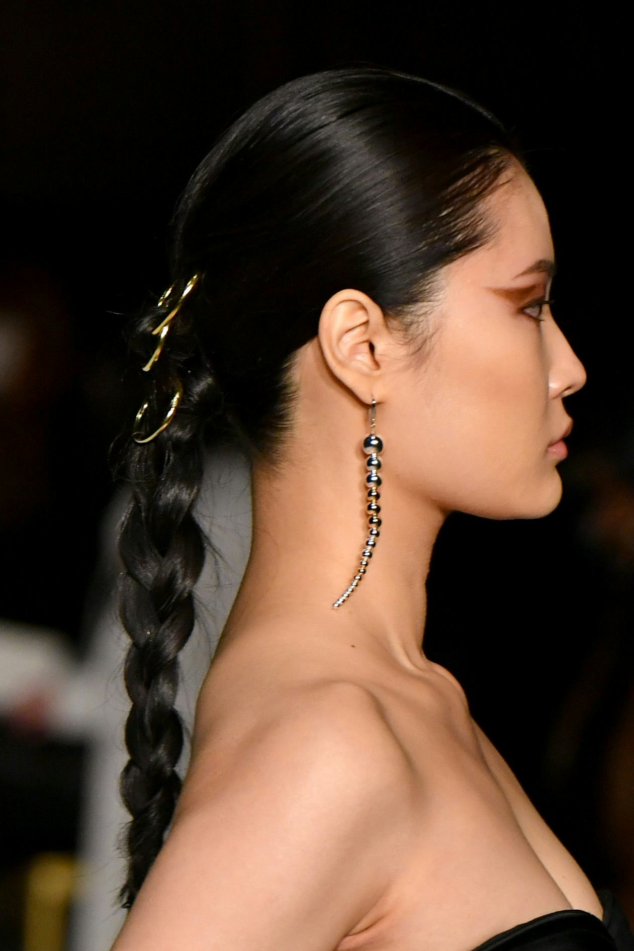 Layers Black Braided Ponytail With Gold Accessories Layers Black Braided Ponytail With Gold Accessories — Braided Ponytail 2027