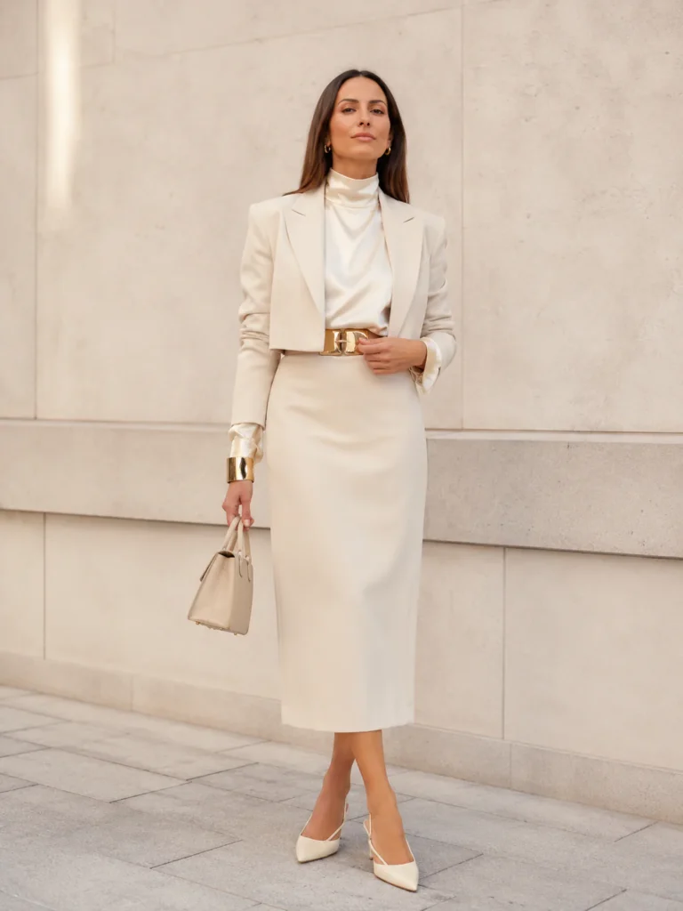 Satin Turtleneck and Cropped Blazer with Gold Belt Satin Turtleneck and Cropped Blazer with Gold Belt — Glamoratti Outfits 2027