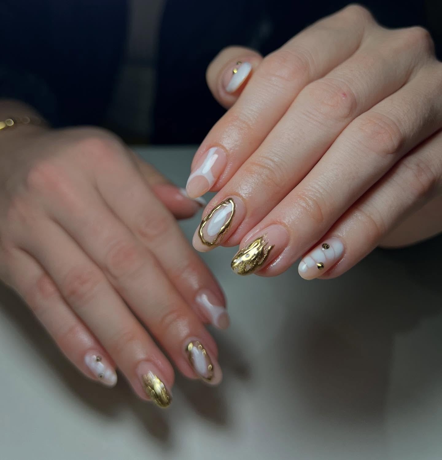 Sheer Pink with Abstract Gold Lines and Glitter — Nails 2027 for Gold Dress
