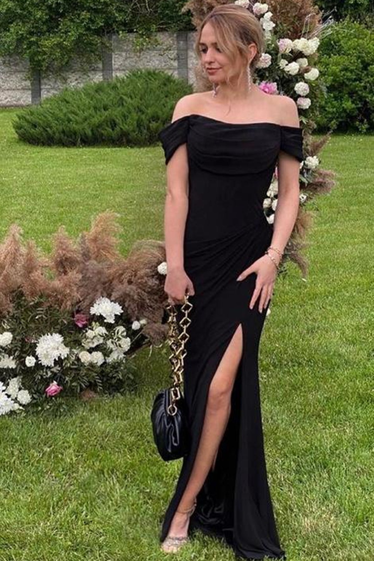 Off-Shoulder Mermaid Dress with High Slit and Black Clutch Off-Shoulder Mermaid Dress with High Slit and Black Clutch — Black Tie Dresses 2027