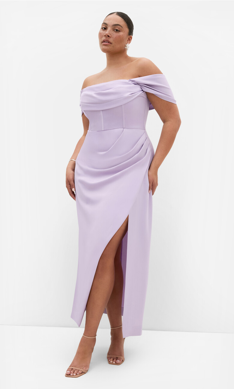 Lavender Crepe Off-the-Shoulder Dress with High Slit — Curvy Dresses 2027