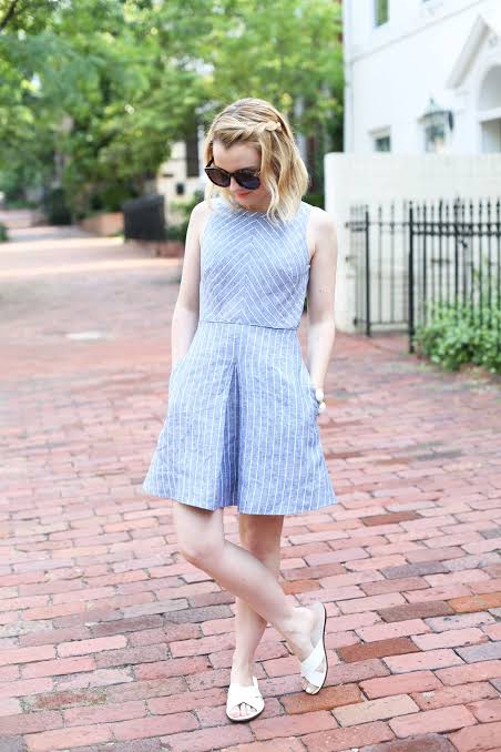 Blue and White Striped Dress with Pleated Skirt and Flat Sandals Blue and White Striped Dress with Pleated Skirt and Flat Sandals — Striped Dresses 2027