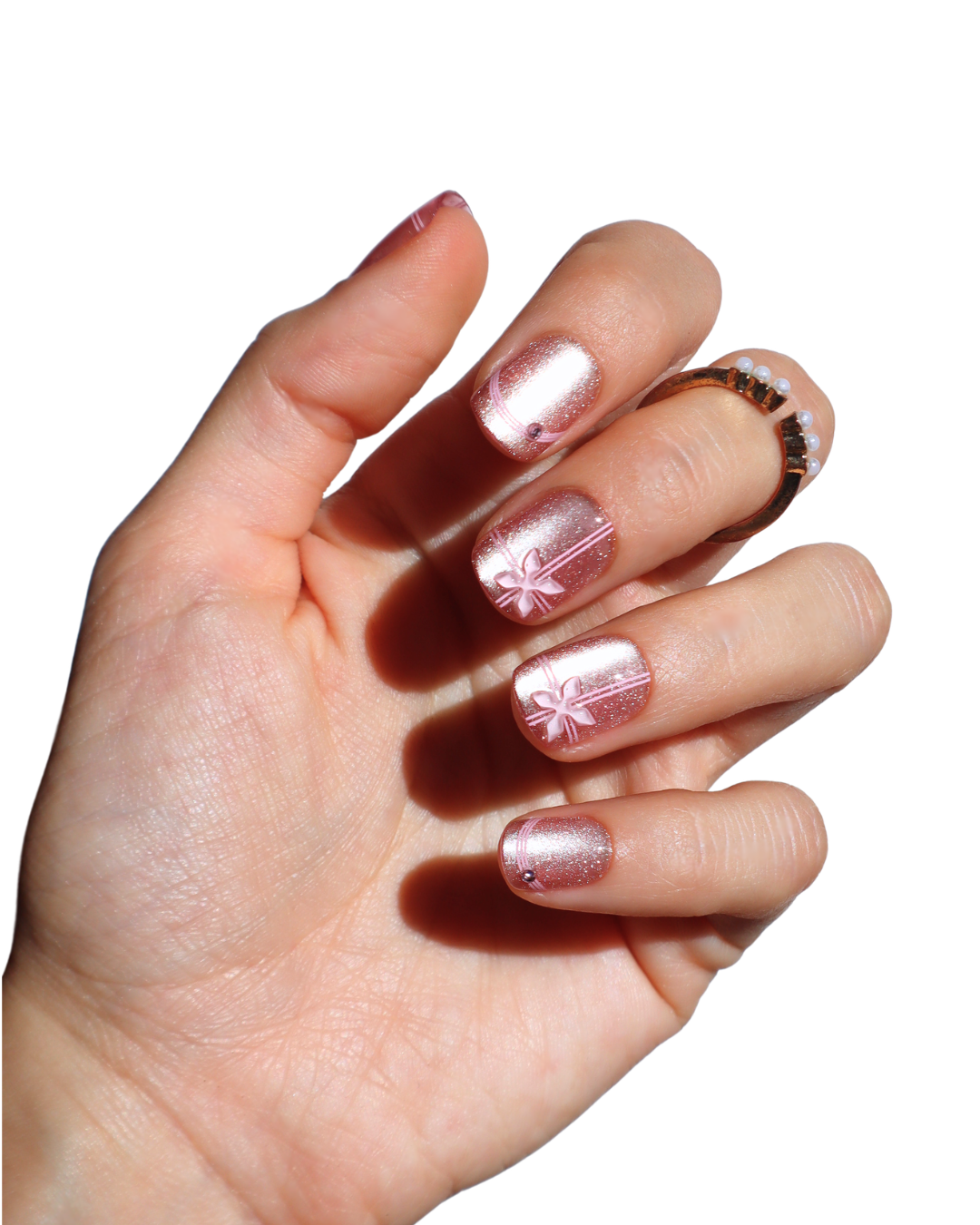 Rose Gold Shimmer Bow Nails Rose Gold Shimmer Bow Nails — Short Prom Nails 2027