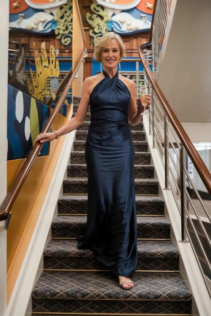 Deep Navy Satin Halter Neck Dress for Sophisticated Cruise Dinners Deep Navy Satin Halter Neck Dress for Sophisticated Cruise Dinners — Cruise Dinner Dress 2027