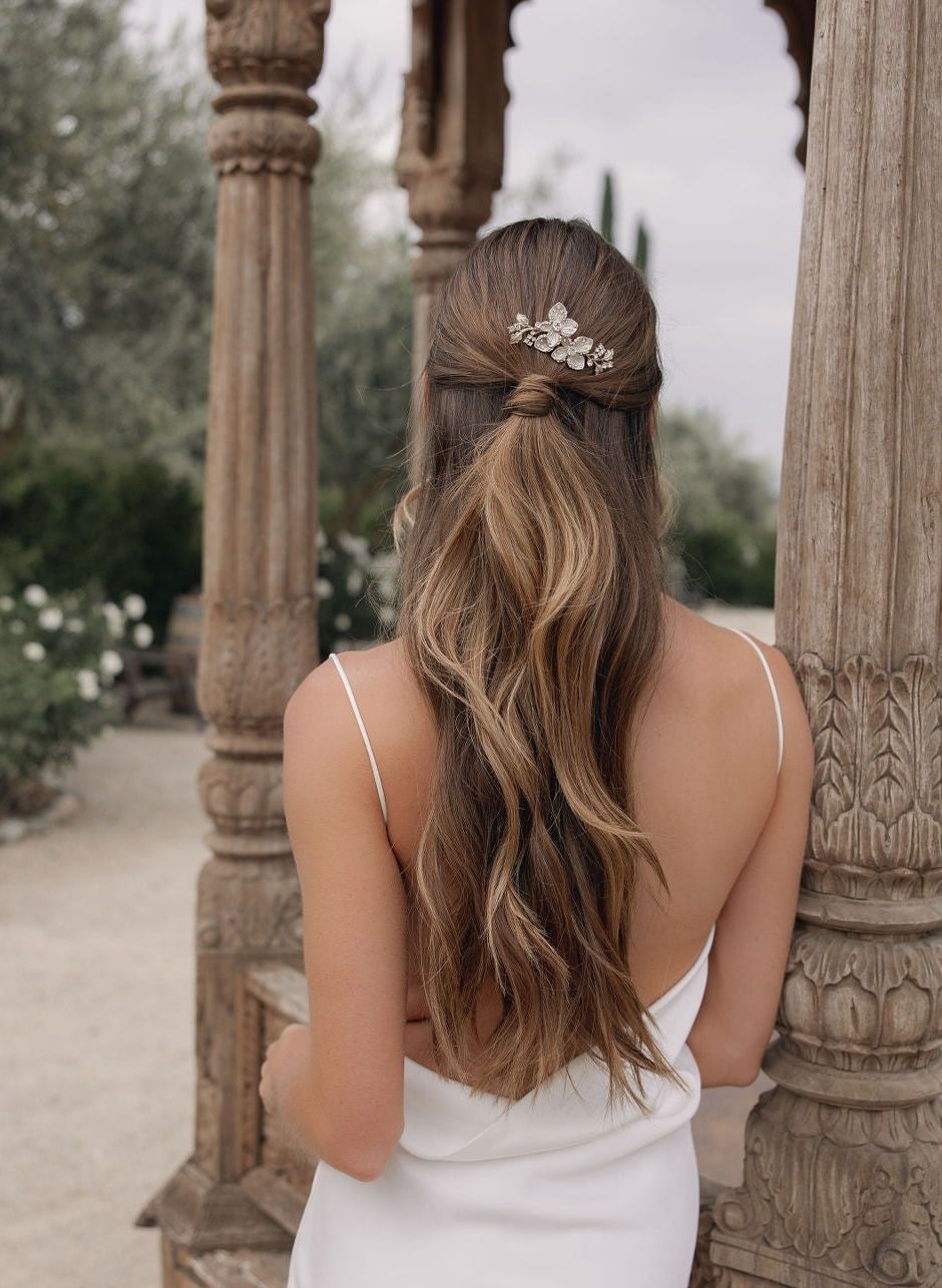 Light Brown Half-Up with Floral Clip Light Brown Half-Up with Floral Clip — Wedding Hairstyles 2027 with Weave