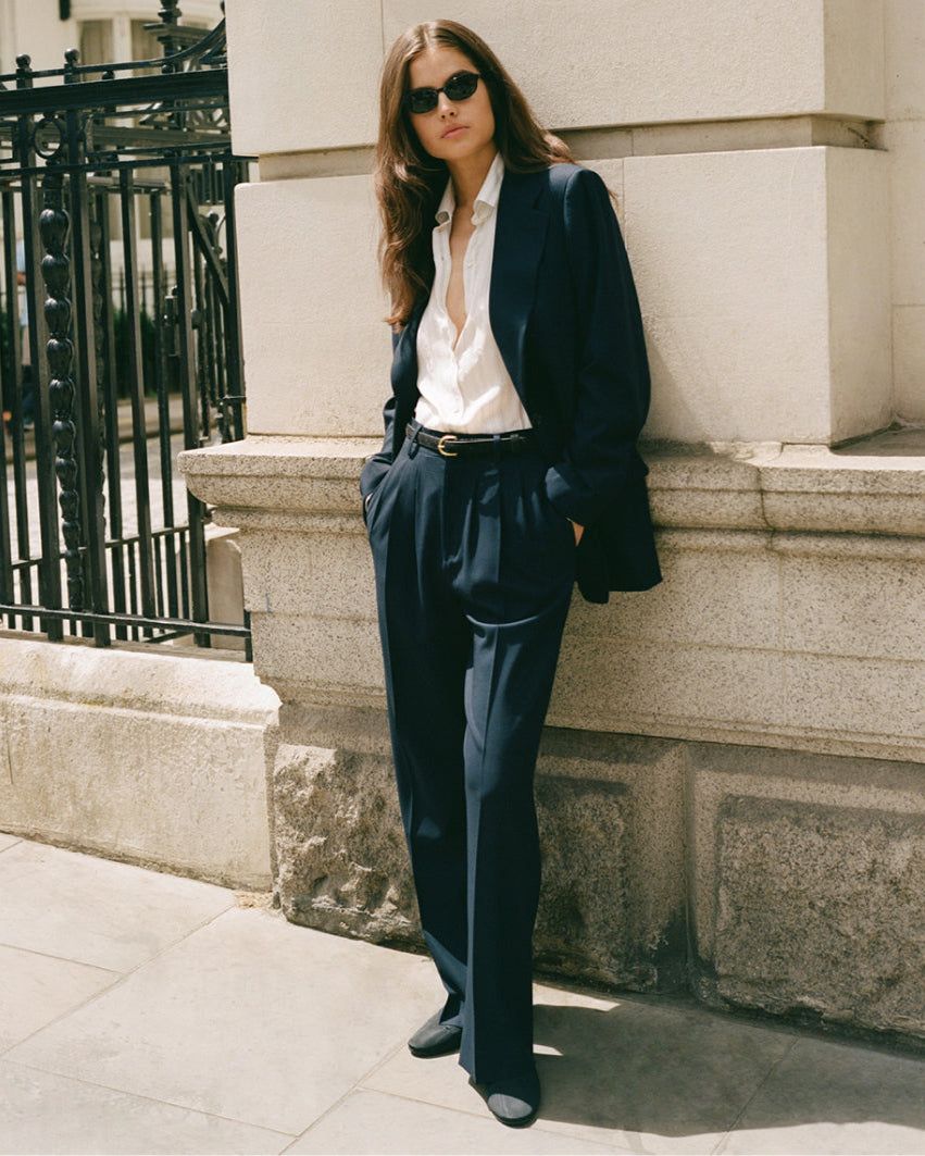 Polished Professional: Navy Trousers with Crisp Shirt and Blazer Polished Professional: Navy Trousers with Crisp Shirt and Blazer — Navy Blue Pleated Pants Outfits 2027