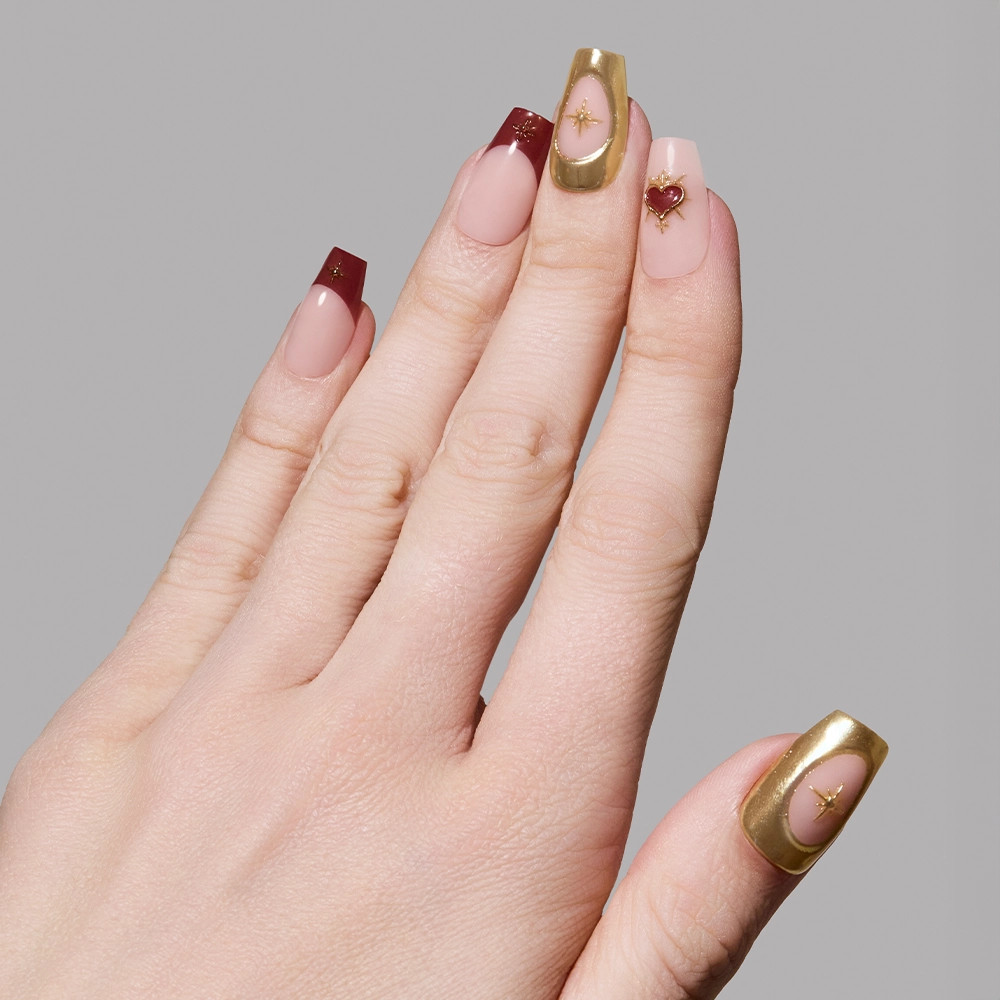 Nude Star Motif Burgundy French Coffin Nails Nude Star Motif Burgundy French Coffin Nails — Short Heart Coffin Nails 2027