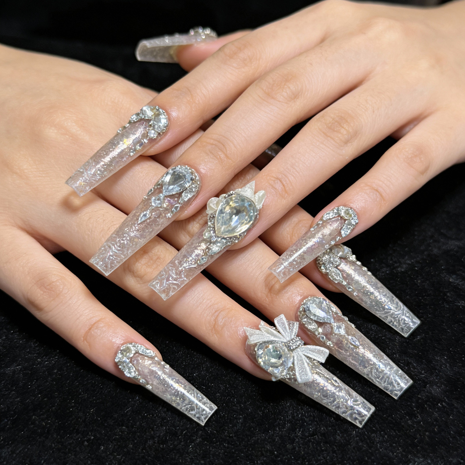 Clear Glitter Coffin Embellished Nails Clear Glitter Coffin Embellished Nails — Crystal Rhinestone Nails 2027