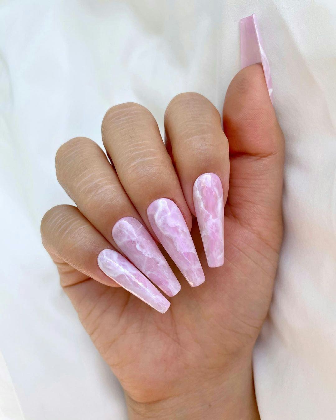 Pale Pink and White Marble Effect — Long Coffin Nails 2027