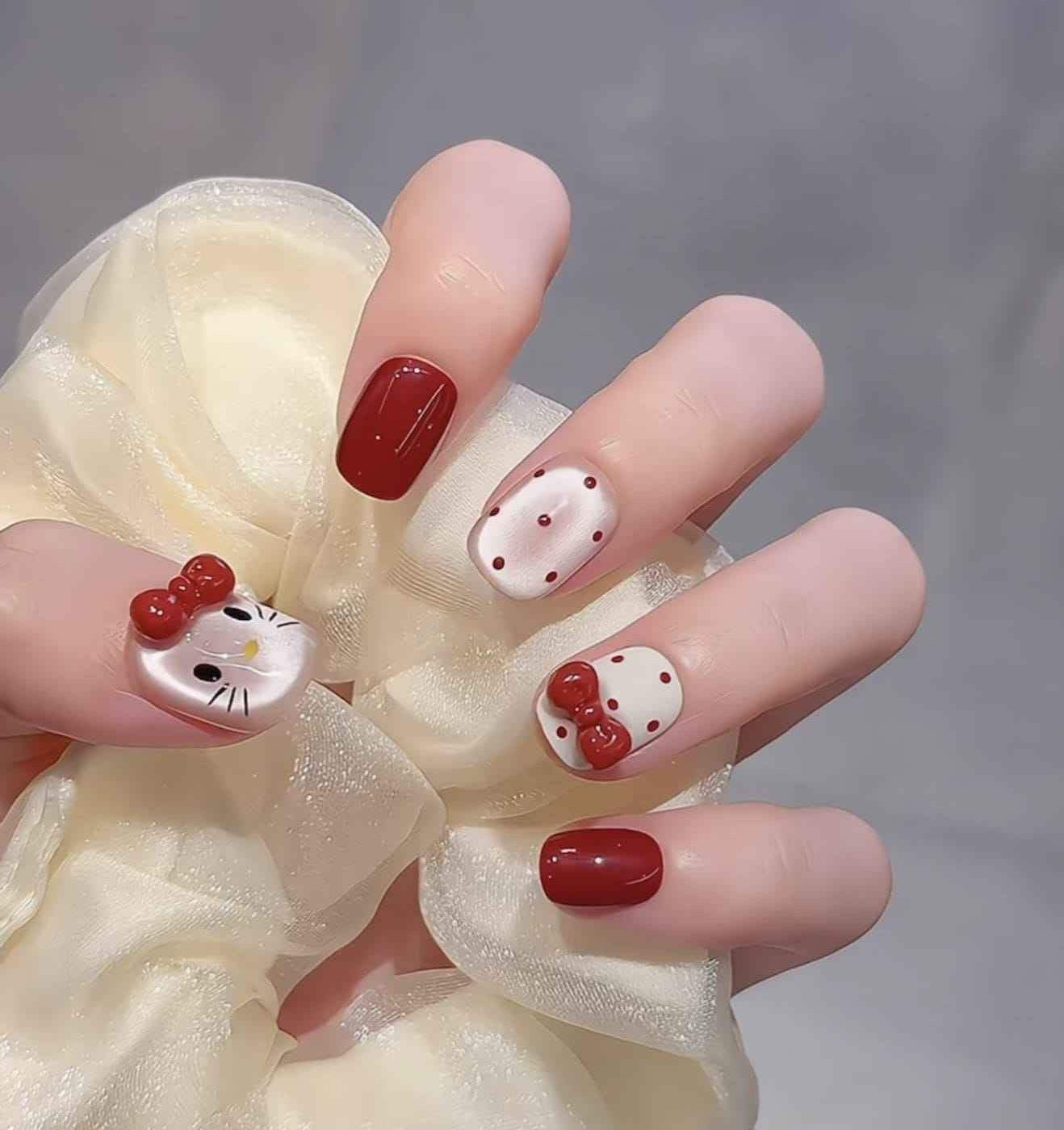 Short Glossy Red Hello Kitty Bow Nails — Red Hello Kitty Nails 2027