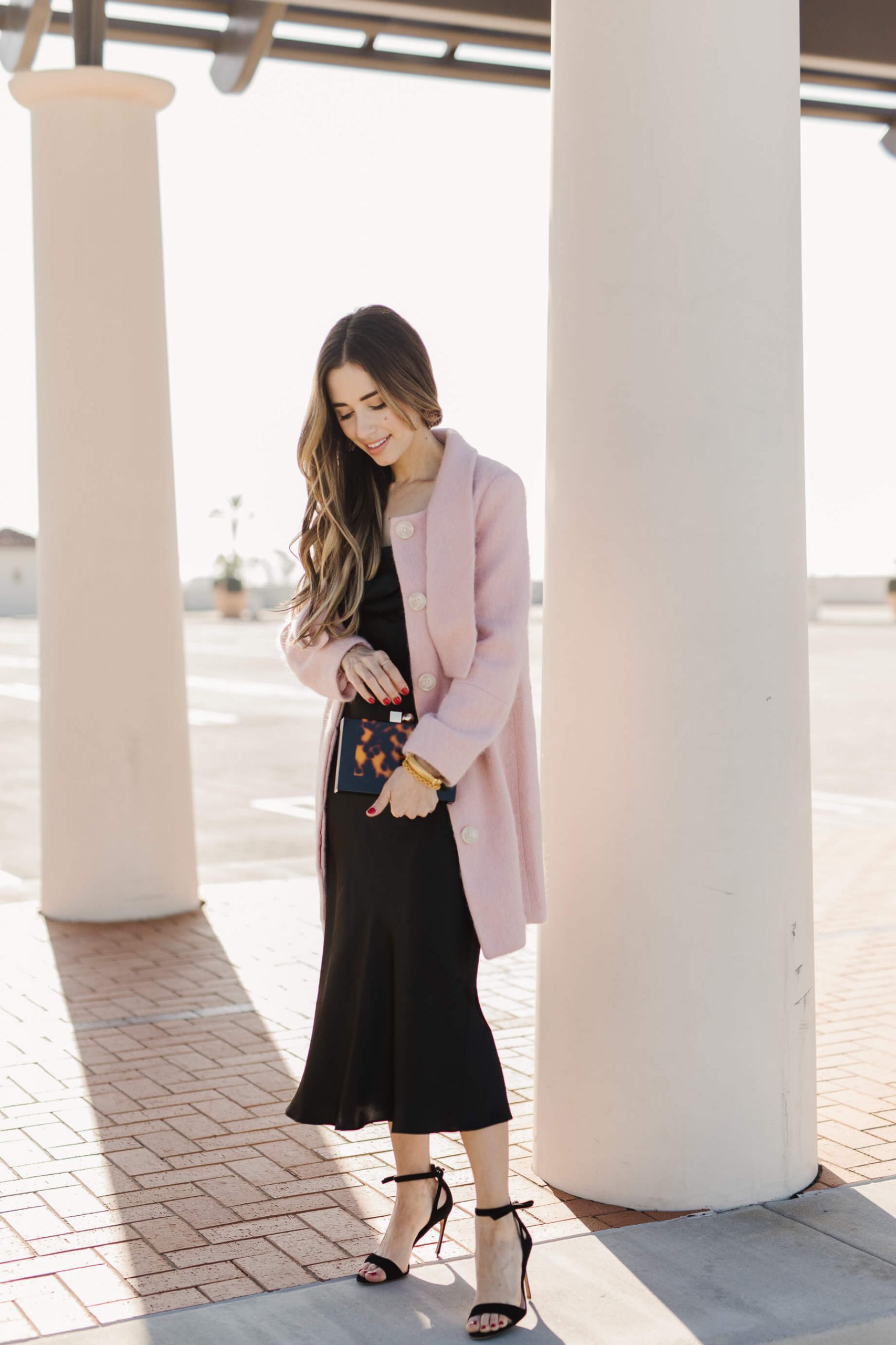Soft Pink Textured Coat Over a Black Satin Slip Dress — Pink Valentines Outfits 2027