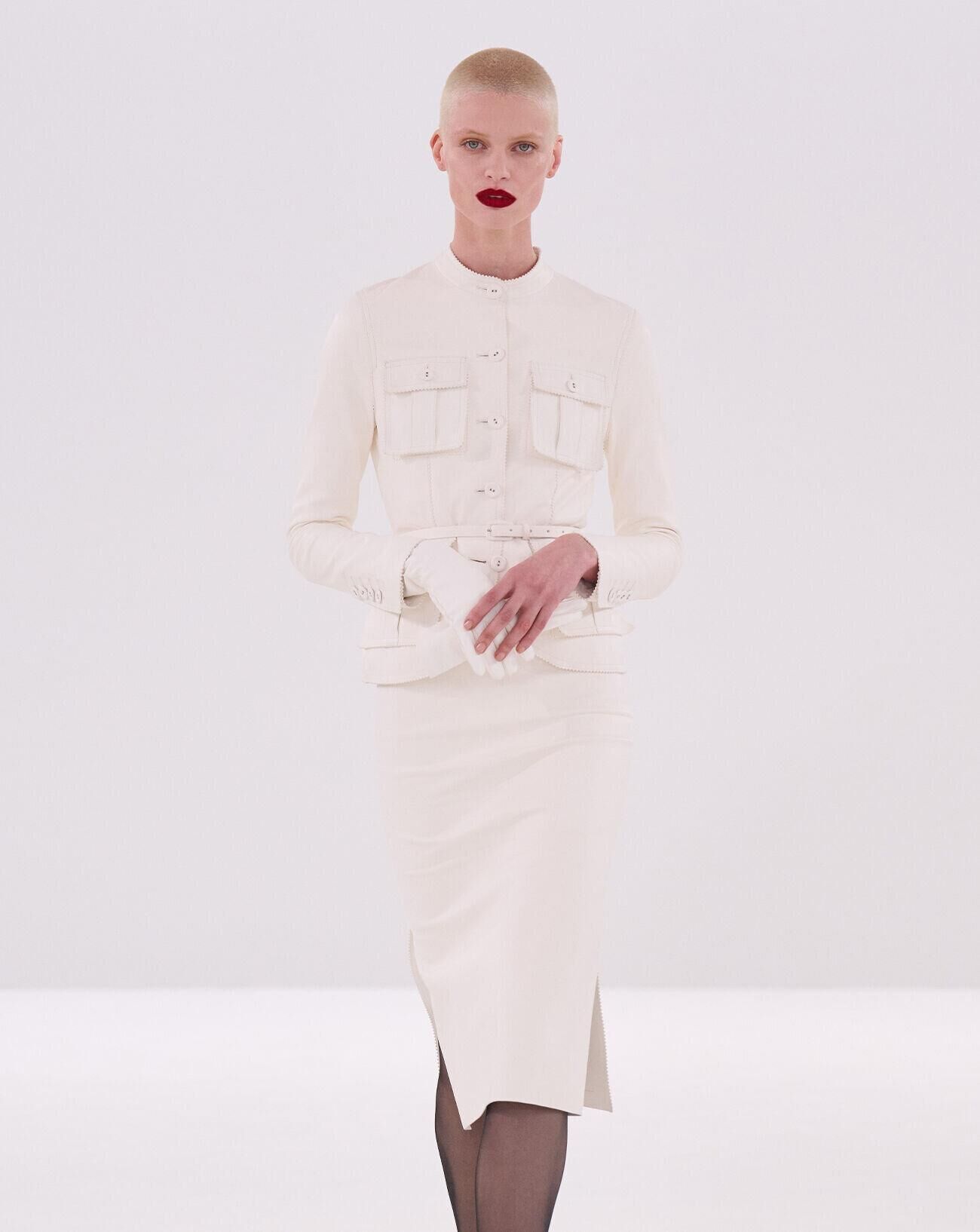Textured Jacket and Pencil Skirt with White Gloves Textured Jacket and Pencil Skirt with White Gloves — All White Outfits 2027