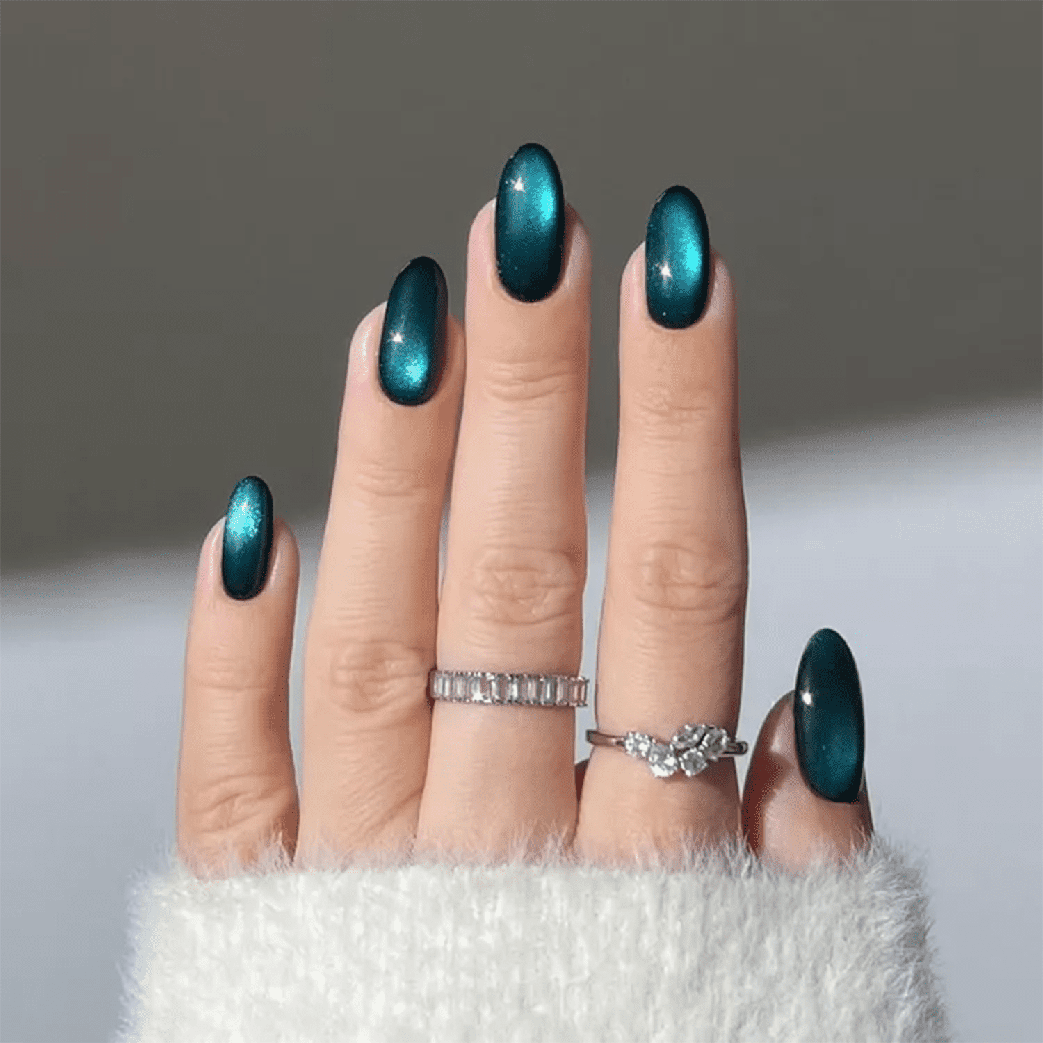 Deep Teal Magnetic Shimmer Oval Nails Deep Teal Magnetic Shimmer Oval Nails — Medium Length Winter Nails 2027