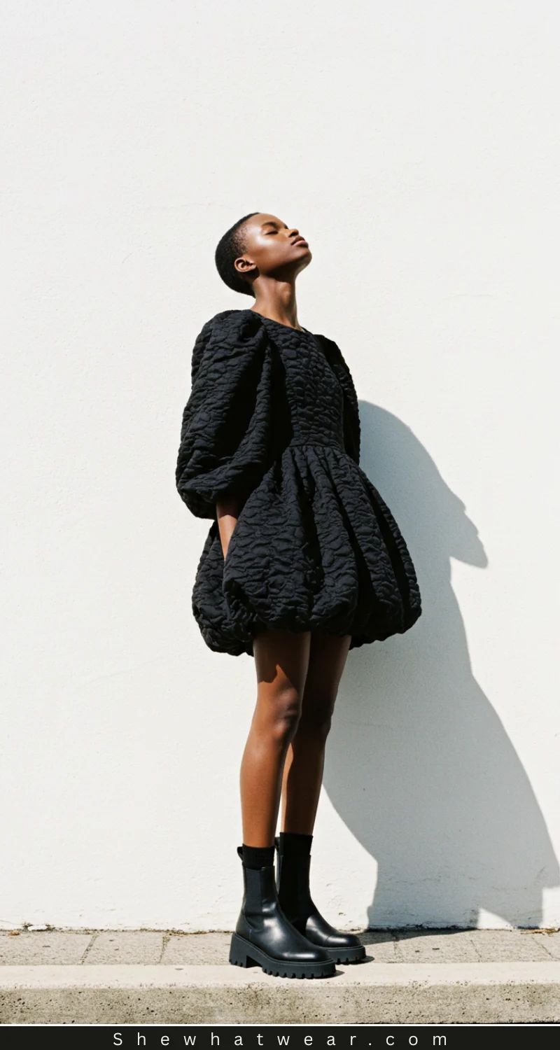 Textured Black Mini Dress with Puff Sleeves and Bubble Skirt Textured Black Mini Dress with Puff Sleeves and Bubble Skirt — Little Black Dress Outfits 2027