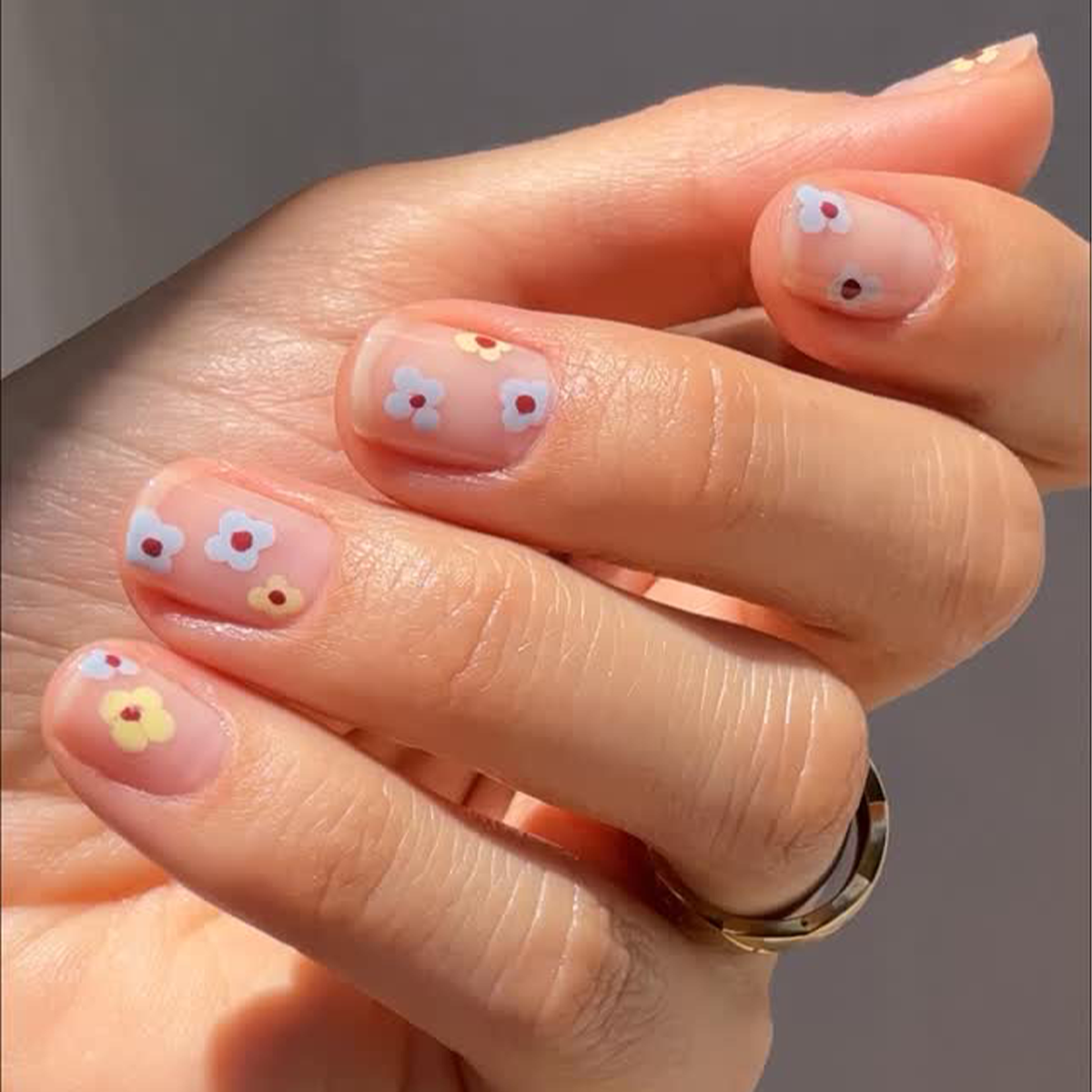 Sheer Base with Tiny Minimalist Florals Sheer Base with Tiny Minimalist Florals — Simple Short Nails 2027