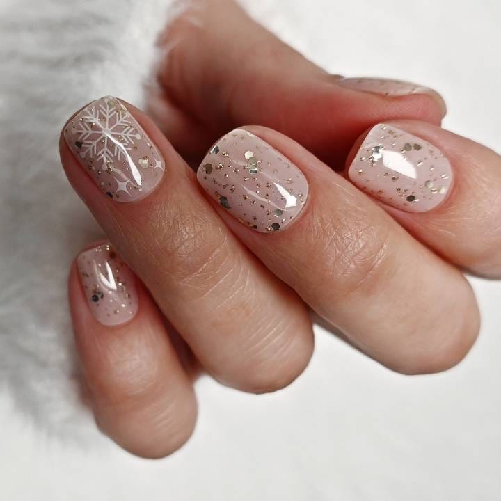 Glossy Pink with Snowflake Decal Glossy Pink with Snowflake Decal — Christmas Acrylic Nails 2026