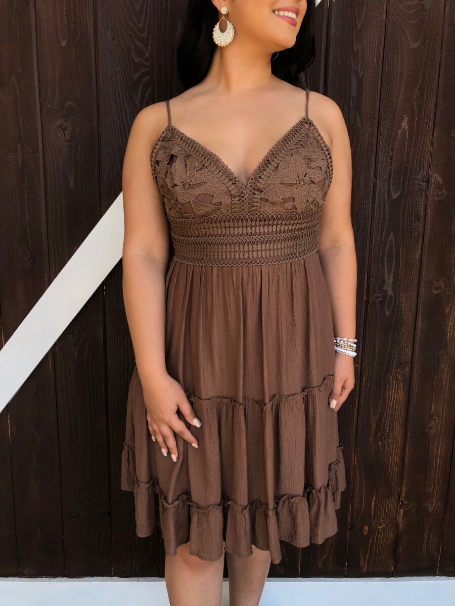 Brown Mini Dress with Lace Bodice and Tiered Skirt Brown Mini Dress with Lace Bodice and Tiered Skirt — Bows and Lace Outfits 2027
