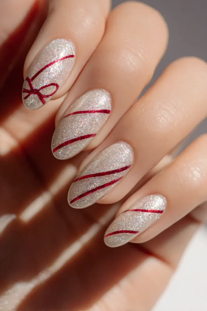 Silver Glitter Red Stripe Bow Nails Silver Glitter Red Stripe Bow Nails — Small Bow Nails 2027