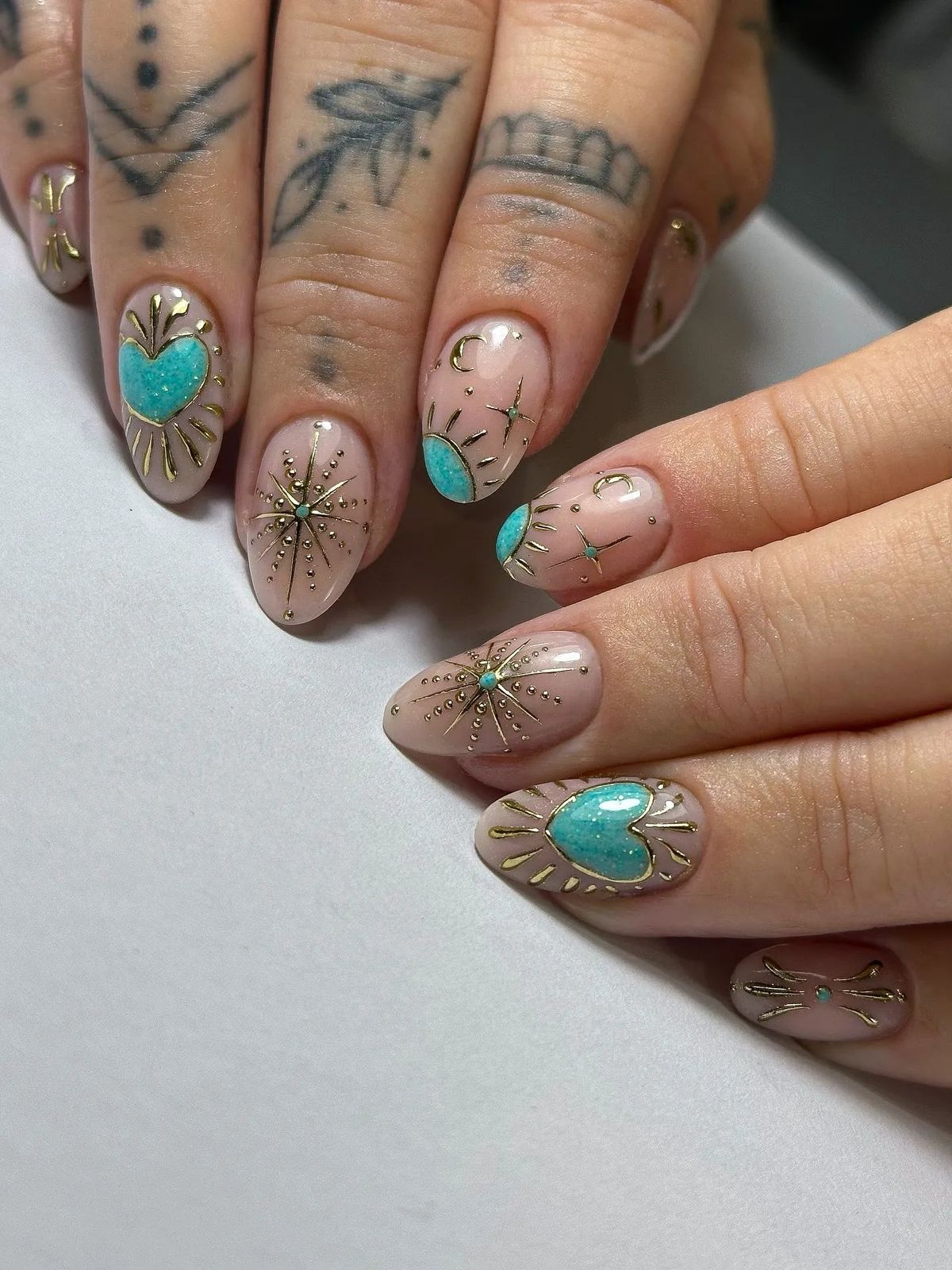 Turquoise Celestial Heart Motif Nails — Turquoise Nails 2027
