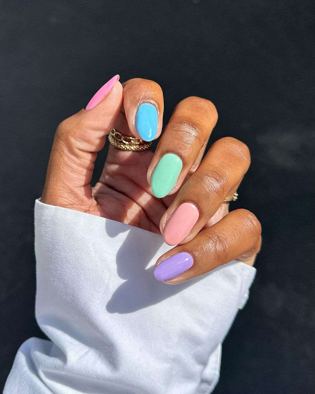 Solid Color On Each Nail Medium Almond Pastel Solids Glossy Solid Color On Each Nail Medium Almond Pastel Solids Glossy — Different Color Each Nail 2027