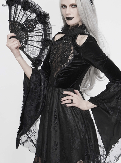 Velvet and Lace Dress with Cut-Out Shoulders Velvet and Lace Dress with Cut-Out Shoulders — Goth Lace Outfits 2027