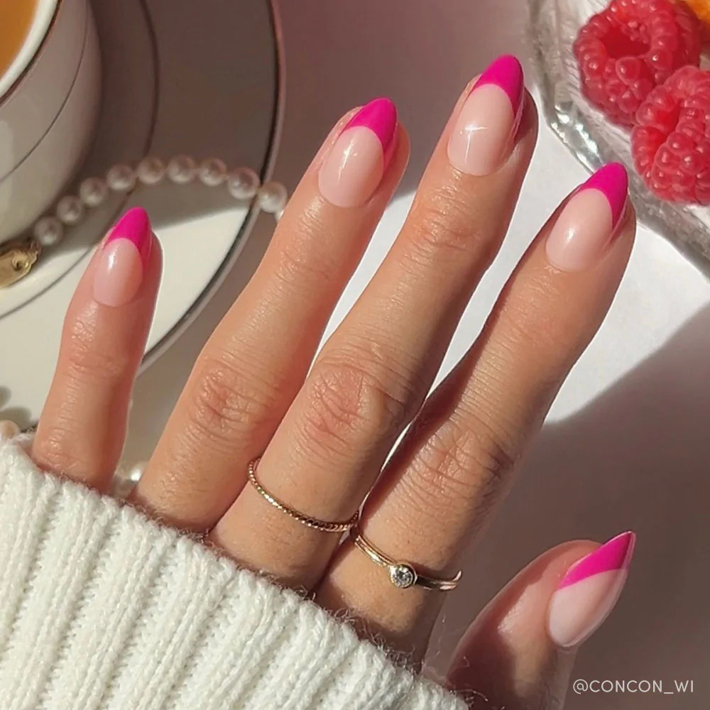 Glossy Sheer Pink Base Bright Pink French Glossy Sheer Pink Base Bright Pink French — Long Almond Pink Nails Ideas 2027