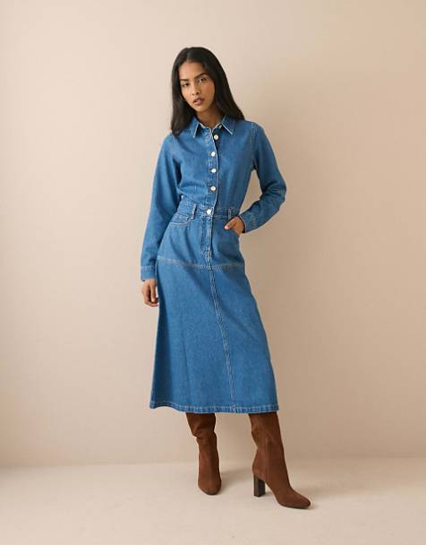 Blue Denim Button-Up Midi Dress with Suede Boots Blue Denim Button-Up Midi Dress with Suede Boots — Button Up Dress 2027