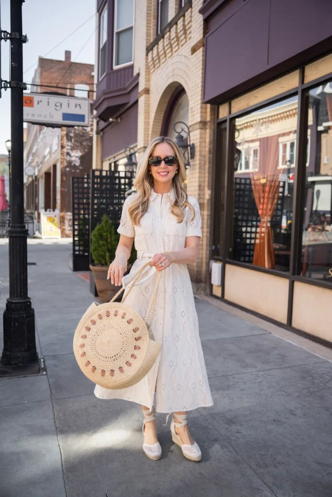 Beige Espadrille Wedges with a White Eyelet Midi Dress — Vacation Espadrilles Outfits 2027