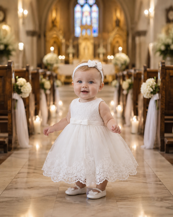 Christening Outfit Baby Girl – Handmade White Lace Baptism Dress with