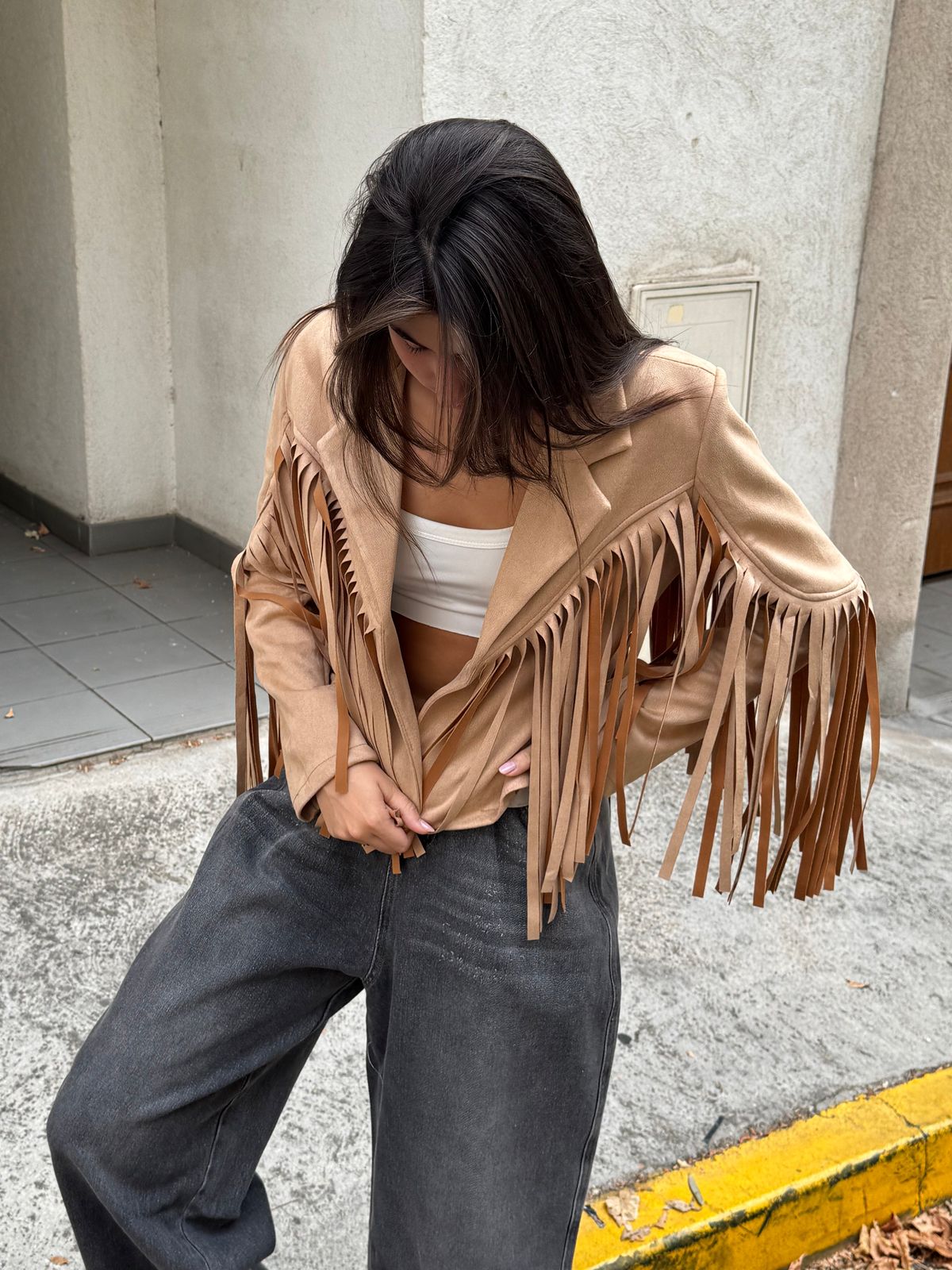 Modern Edge: Tan Suede Fringe Jacket with Wide-Leg Jeans Modern Edge: Tan Suede Fringe Jacket with Wide-Leg Jeans — Fringe Jacket Outfits 2027