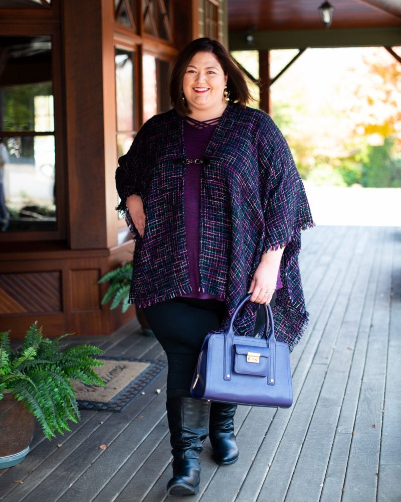 Purple Plaid Poncho with Leather Boots for Thanksgiving — Plus Size Thanksgiving Outfits 2026
